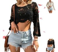 Genérico Women's Floral Embroidered Semi-Sheer Cover up Cute Long Sleeve Round Neck Floral Lace Beach Bohemian Vacations Outdoor Fun (Black)