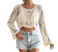 Genérico Women's Floral Embroidered Semi-Sheer Cover Up, Cute Long Sleeve Round Neck, for Beach Vacations Outdoor Fun (White)