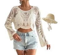 Genérico Women's Floral Embroidered Semi-Sheer Cover Up, Cute Long Sleeve Round Neck, for Beach Vacations Outdoor Fun (White + Hat)