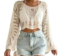 Genérico Women's Floral Embroidered Semi-Sheer Cover up Cute Long Sleeve Round Neck for Women Sheer Beach Boho Lace Top (Apricot)
