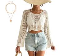 Genérico Women's Floral Embroidered Semi-Sheer Cover Up, Cute Long Sleeve Round Neck Lace Sun Protection Duster for Beach Vacations (Apricot,One Size)