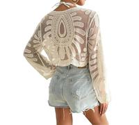 Genérico Women's Floral Embroidered Semi-Sheer Cover up, Lace Cover Up, Round Neck Lace Long-Sleeved Sun Protection Duster (White)