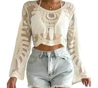 Genérico Women's Floral Embroidered Semi-Sheer Cover Up Long Sleeve Round Neck Boho Lace Top Cute Long Sleeve Round Neck Top (White,One Size)