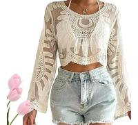 Genérico Women's Floral Embroidered Semi-Sheer Cover Up, Long Sleeve Round Neck Boho Lace Top for Women, Embroidered Tops for Women (White,One Size-Within 60kg)