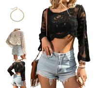 Genérico Women's Floral Embroidered Semi-Sheer Cover Up Long Sleeve Round Neck Boho Lace Top for Women Sheer Beach Coverup Mesh Design (Black)