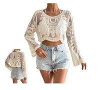 Genérico Women's Floral Embroidered Semi-Sheer Cover Up Long Sleeve Round Neck Boho Lace Top for Women Sheer Beach Coverup (Apricot,One size)