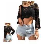 Genérico Women's Floral Embroidered Semi-Sheer Cover Up Long Sleeve Round Neck Boho Lace Top for Women Sheer Beach Coverup (Black,One size)