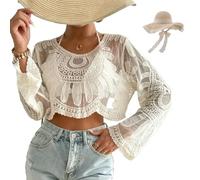 Genérico Women's Floral Embroidered Semi-Sheer Cover Up, Long Sleeve Round Neck Lace, Boho Beach Swimsuit Cover with Sun Protection (White)