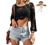 Genérico Women's Floral Embroidered Semi-Sheer Cover Up, Long Sleeve Round Neck Lace, Boho Beach Swimsuit Cover with Sun Protection (Black)