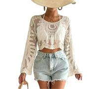 Genérico Women's Floral Embroidered Semi-Sheer Cover Up, Long Sleeve Round Neck, Sheer Beach Coverup, for Woman (Apricot,Talla única)