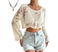 Genérico Women's Floral Embroidered Semi-Sheer Cover up,Summer Beach Long Sleeve Round Neck Boho Lace Swimsuit Coverup (Apricot,One Size(Within 60kg))