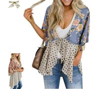 Genérico Women's Floral Kimono Ruffle Sleeve Tie Cardigan,Summer Flowy Lightweight Ruffle 3/4 Sleeve Tie Front Boho Patchwork Cover Up (Gray Blue, M)