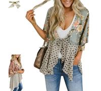 Genérico Women's Floral Kimono Ruffle Sleeve Tie Cardigan,Summer Flowy Lightweight Ruffle 3/4 Sleeve Tie Front Boho Patchwork Cover Up (Gray, M)