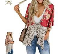 Genérico Women's Floral Kimono Ruffle Sleeve Tie Cardigan,Summer Flowy Lightweight Ruffle 3/4 Sleeve Tie Front Boho Patchwork Cover Up (Red, S)