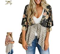 Genérico Women's Floral Kimono Ruffle Sleeve Tie Cardigan,Summer Flowy Lightweight Ruffle 3/4 Sleeve Tie Front Boho Patchwork Cover Up (Black, XL)