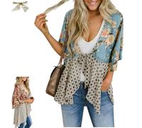 Genérico Women's Floral Kimono Ruffle Sleeve Tie Cardigan,Summer Flowy Lightweight Ruffle 3/4 Sleeve Tie Front Boho Patchwork Cover Up (Blue, S)