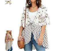 Genérico Women's Floral Kimono Ruffle Sleeve Tie Cardigan,Summer Flowy Lightweight Ruffle 3/4 Sleeve Tie Front Boho Patchwork Cover Up (White, L)