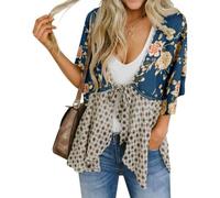 Genérico Women's Floral Kimono Ruffle Sleeve Tie Cardigans Flowy Boho Loose Cover Ups Short Beach Tops with 3/4 Sleeves (Dark Blue,XXL)