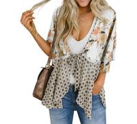 Genérico Women's Floral Kimono Ruffle Sleeve Tie Cardigans Flowy Boho Loose Cover Ups Short Beach Tops with 3/4 Sleeves (White,s)