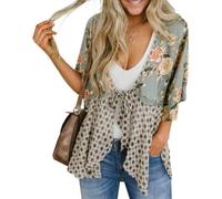 Genérico Women's Floral Kimono Ruffle Sleeve Tie Cardigans Flowy Boho Loose Cover Ups Short Beach Tops with 3/4 Sleeves (Gray,s)