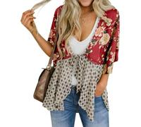 Genérico Women's Floral Kimono Ruffle Sleeve Tie Cardigans Flowy Boho Loose Cover Ups Short Beach Tops with 3/4 Sleeves (Red,xx_l)