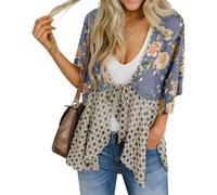 Genérico Women's Floral Kimono Ruffle Sleeve Tie Cardigans Flowy Boho Loose Cover Ups Short Beach Tops with 3/4 Sleeves (Gray Blue,l)