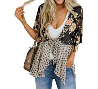 Genérico Women's Floral Kimono Ruffle Sleeve Tie Cardigans Flowy Boho Loose Cover Ups Short Beach Tops with 3/4 Sleeves (Black,s)