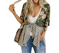 Genérico Women's Floral Kimono Ruffle Sleeve Tie Cardigans Flowy Boho Loose Cover Ups Short Beach Tops with 3/4 Sleeves (Green,s)
