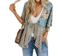 Genérico Women's Floral Kimono Ruffle Sleeve Tie Cardigans Flowy Boho Loose Cover Ups Short Beach Tops with 3/4 Sleeves (Blue,l)