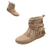 Genérico Women's Fringe Ankle Boots Faux Suede Wide Width Round Toe Flats, Mid Calf Tassel Retro Dressy Dress Shoes,Wide Width Round Toe Flats Faux Suede Winter Boots (Beige,39)