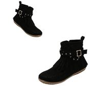 Genérico Women's Fringe Ankle Boots Faux Suede Wide Width Round Toe Flats, Mid Calf Tassel Retro Dressy Dress Shoes,Wide Width Round Toe Flats Faux Suede Winter Boots (Black,39)