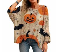 Genérico Women's Halloween Pumpkin Print Long Sleeve Knit Top,Halloween Pumpkin Knit Sweater, Bat Witch Pullover (Orange,XXL)
