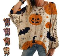 Genérico Women's Halloween Pumpkin Print Long Sleeve Knit Top, Halloween Pumpkin Knit Sweater, Casual Loose Pullover Top (M)