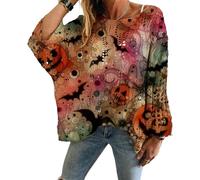 Genérico Women's Halloween Pumpkin Print Long Sleeve Knit Top, Spooky Pumpkin Face Sweater, Casual Bat Witch Pullover (#B,XL)