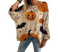 Genérico Women's Halloween Pumpkin Print Long Sleeve Knit Top, Spooky Pumpkin Face Sweater, Casual Bat Witch Pullover (#A,S)