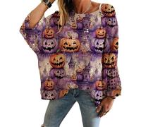 Genérico Women's Halloween Pumpkin Print Long Sleeve Knit Top, Spooky Pumpkin Face Sweater, Casual Bat Witch Pullover (#C,XXL)