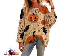Genérico Women's Halloween Pumpkin Print Long Sleeve Knit Top, Spooky Pumpkin Face Sweater,Casual Loose Pumpkins Knit Sweater, Casual Loose Pullover Top, Witchy Cozy (S)