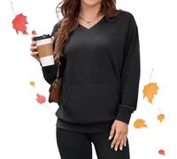 Genérico Women's Hatless V-Neck Hoodie with Pockets, Oversized Sweatshirts for Women Casual V Neck Pullover Sweatshirts in Spring Fall Winter (Black,3XL)
