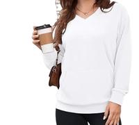 Genérico Women's Hatless V-Neck Hoodie with Pockets Soft Breathable Casual Women's V-Neck Sweatshirt with Kangaroo Pocket (White,L)