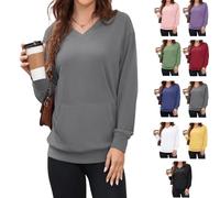 Genérico Women's Hatless V-Neck Hoodie with Pockets,Women's V-Neck Sweatshirt with Kangaroo Pocket, Soft Breathable Casual (Grey, L)