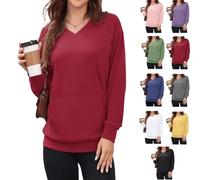 Genérico Women's Hatless V-Neck Hoodie with Pockets,Women's V-Neck Sweatshirt with Kangaroo Pocket, Soft Breathable Casual (Burgundy, XL)
