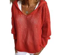 Genérico Women's Hollow out Crochet Sweater Long Sleeve See Through V Neck Drop Shoulder Knit Pullover Tops (Red,S)
