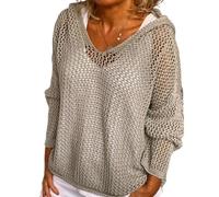 Genérico Women's Hollow out Crochet Sweater Long Sleeve See Through V Neck Drop Shoulder Knit Pullover Tops (Grey,S)