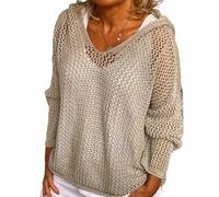 Genérico Women's Hollow out Crochet Sweater Long Sleeve See Through V Neck Drop Shoulder Knit Pullover Tops (Khaki,M)