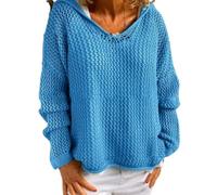 Genérico Women's Hollow out Crochet Sweater Long Sleeve See Through V Neck Drop Shoulder Knit Pullover Tops (Blue,L)