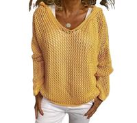 Genérico Women's Hollow out Crochet Sweater Long Sleeve See Through V Neck Drop Shoulder Knit Pullover Tops (Yellow,M)