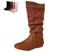 Genérico Womens Knee High Boots Side Zipper Round Toe Faux Suede Boot - Knee High Loose Fit Casual Boots, Slouch Booties for Women Comfortable Plus Size Tall Shoe (Brown,42)