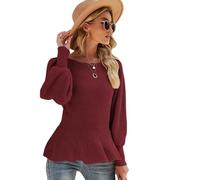 Genérico Womens Knit Ruffle Cinched Waist Sweater, Crew Neck Lantern Sleeve Peplum Ribbed Pullover Top, Slim Fit Fall Winter Knitwear