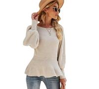 Genérico Womens Knit Ruffle Cinched Waist Sweater, Crew Neck Lantern Sleeve Peplum Ribbed Pullover Top, Slim Fit Fall Winter Knitwear
