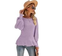 Genérico Womens Knit Ruffle Cinched Waist Sweater, Crew Neck Lantern Sleeve Peplum Ribbed Pullover Top, Slim Fit Fall Winter Knitwear